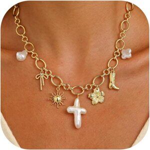 Chunky Gold Charm Necklace | Cross, Pearl, Sun, Boot & Pendant.